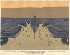 Figure 2: “View Looking West of the Proposed Civic Center Plaza and Buildings”. Artist: Jules Guerin. Original Source: Daniel Burnham, Plan of Chicago, 1909. Description: Illustration of the monumental style in Burnham’s Plan