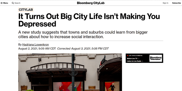 Bloomberg CityLab: “It Turns Out Big City Life Isn’t Making You Depressed”