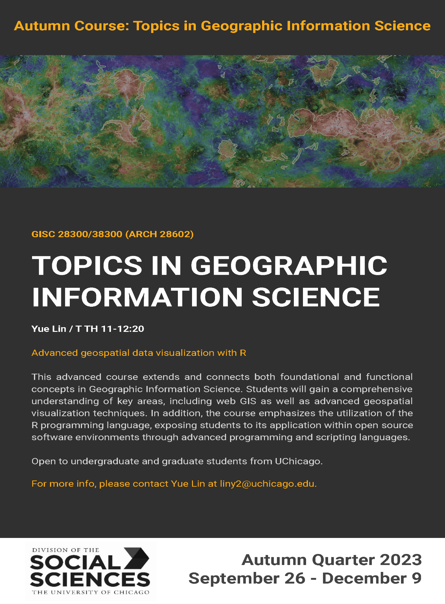 Course poster features an image of a map and text with class title and course description