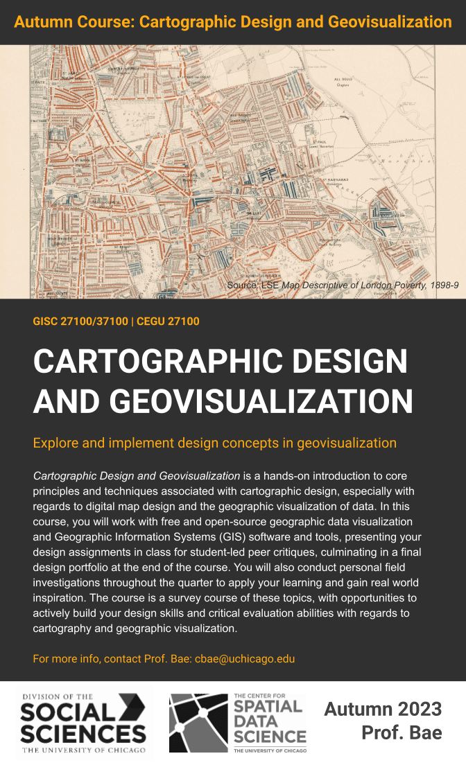 Decorative image: poster features a rendering of a vintage map and text describing a the cartographic design and geovisualization course