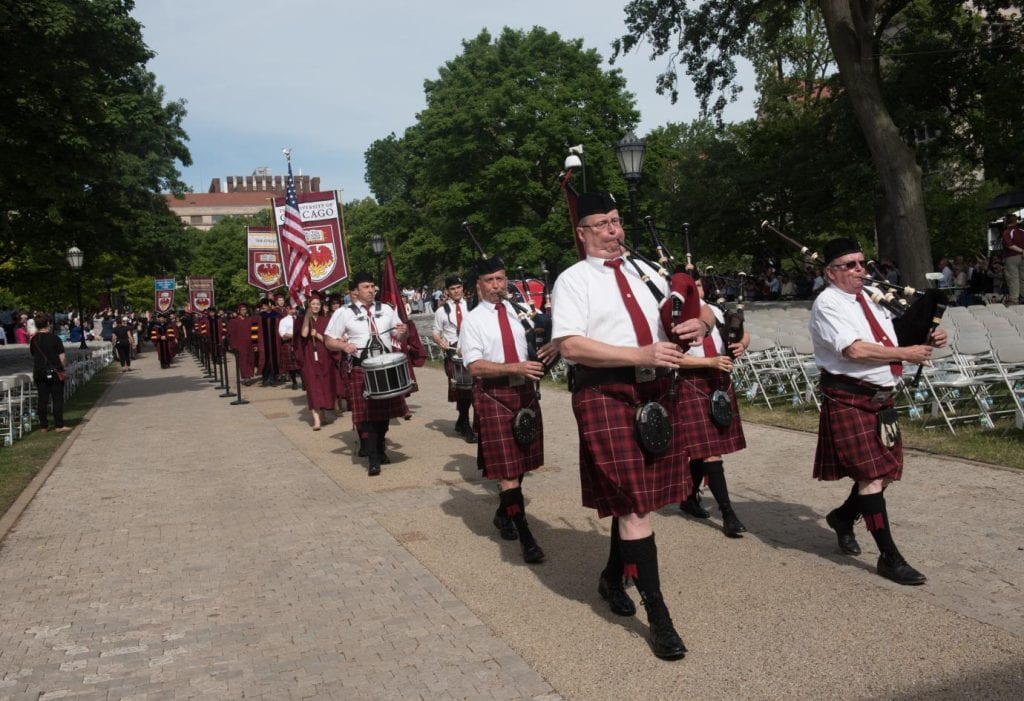 Bagpipers marching during the 2017 University of Chicago Spring Convocation.