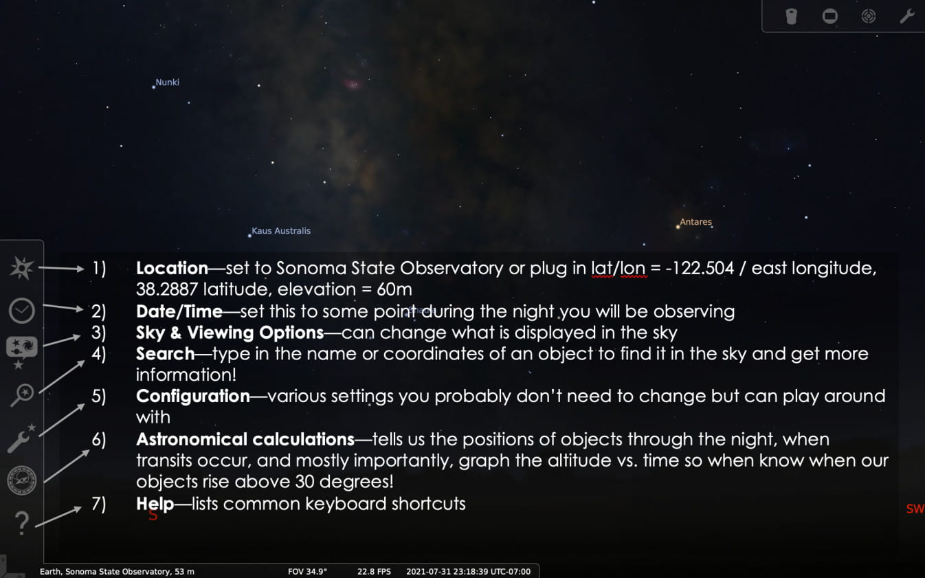 A screenshot of stellarium showing what the different buttons on the left-hand side do