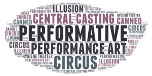 This is a word cloud in shades of purple and mauve. The central word is "performative" and other large words include "central casting," "performance art," "circus," and "illusion."