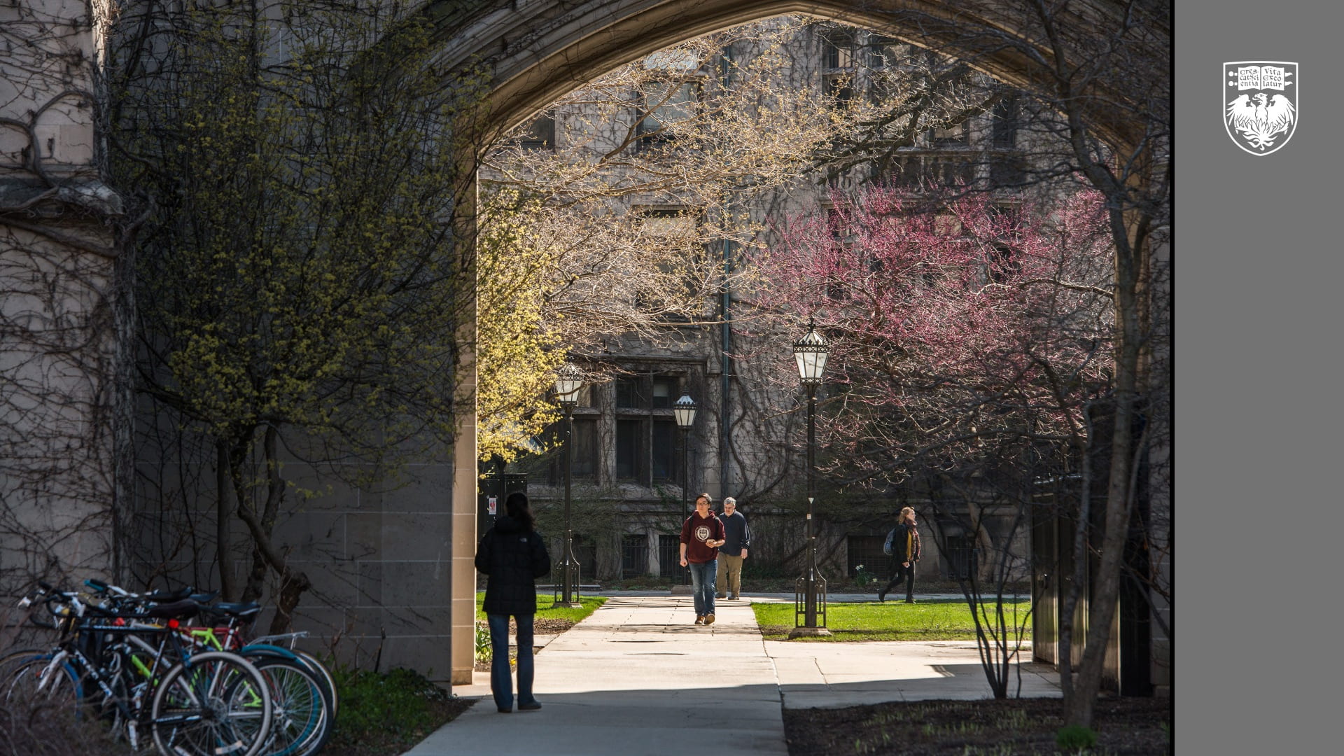 View through an archway of people walking through the quad