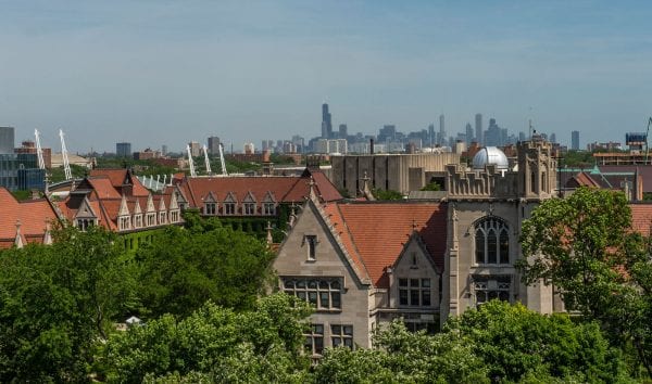 Photograph of trees and campus buildings with the Chicago downtown skyline in the background.