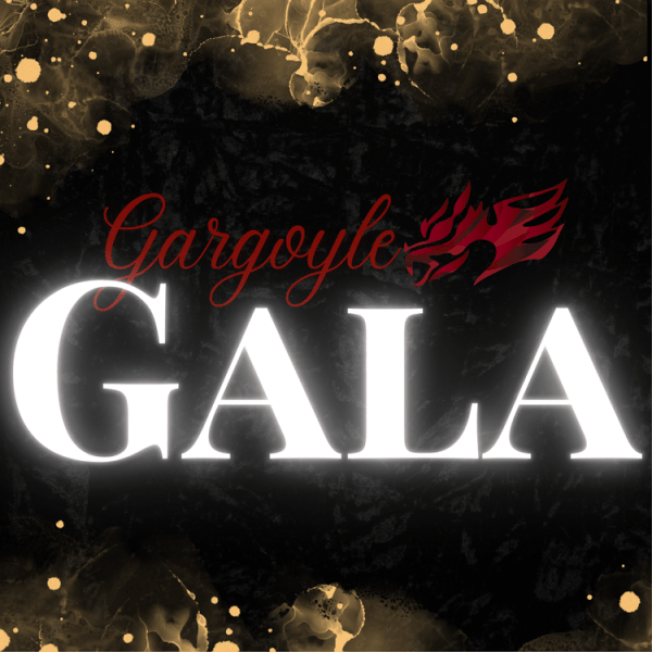 Gargoyle Gala on a black background with gold sparkles.