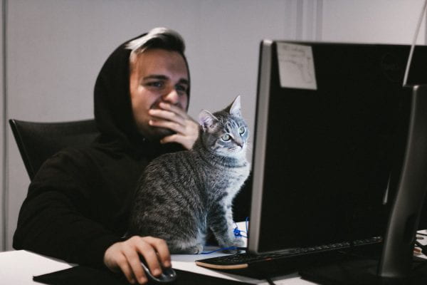 Photograph of a person looking at a computer with a cat sitting in front of them.