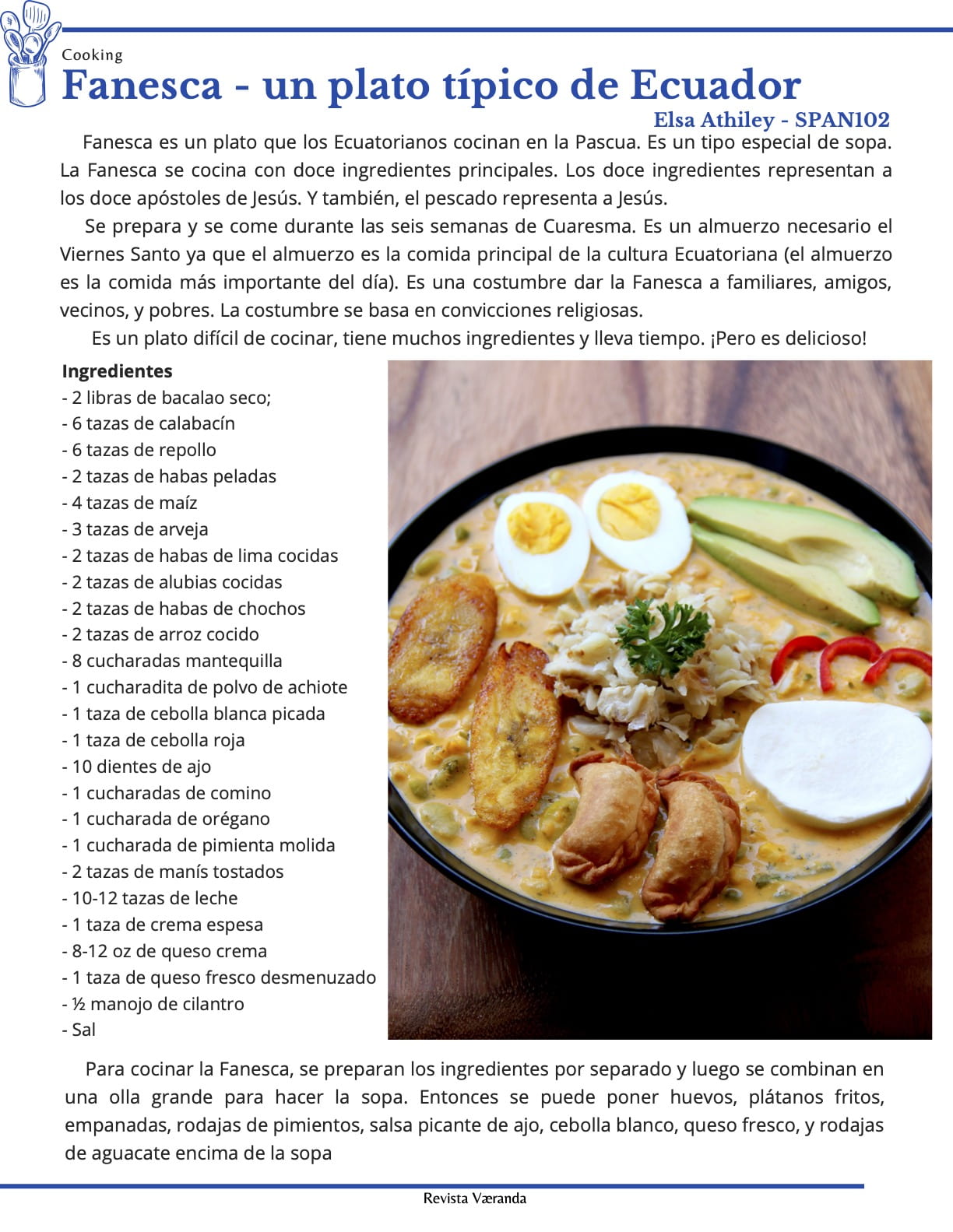 Fanesca Recipe by student Elsa Athiley