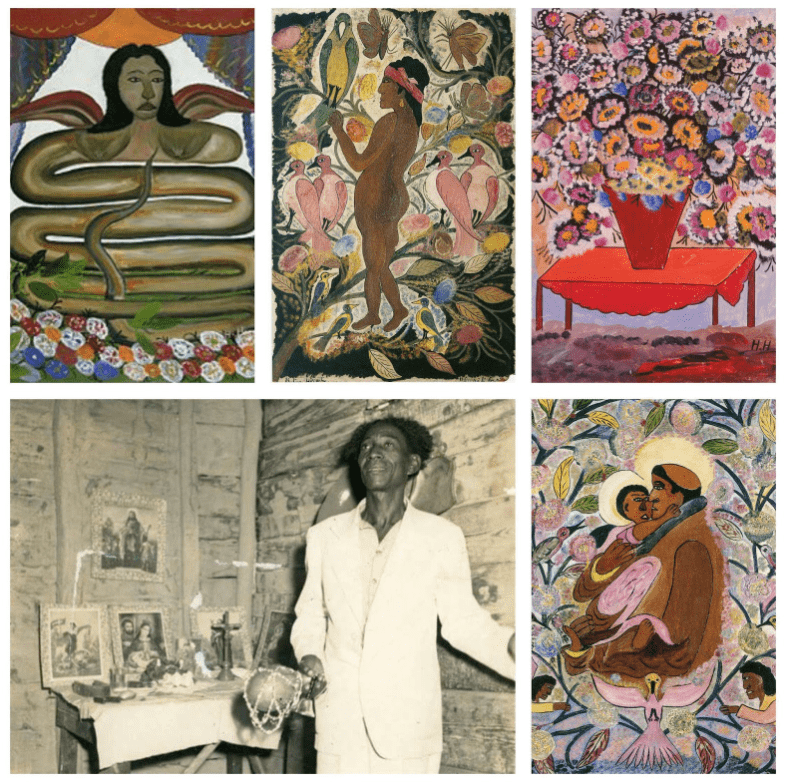 Fig. 2. Hector Hyppolite and selections of his artwork. [Top row, left to right]. Damballah La Flambeau. Maitresse Erzulie. Flowers on Table. [Bottom row, left to right] Portrait of Hector Hyppolite. Saint Francis and the Infant Jesus.