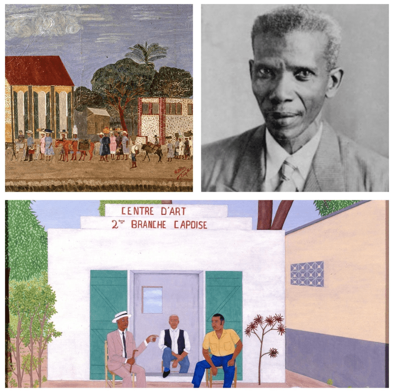 Fig. 3. Philomé Obin and selections of his artwork. [Top row, left to right]. Paysans sur la route. Portrait of Philomé Obin. [Bottom row] Philomé, Sénéque and Antoine Obin seated.