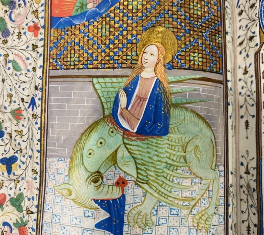 St. Margaret emerging from the dragon unscathed (Image from Newberry Library MS 35, Book of hours, use of Salisbury, 1455: https://www.newberry.org/english-medieval-book-hours)